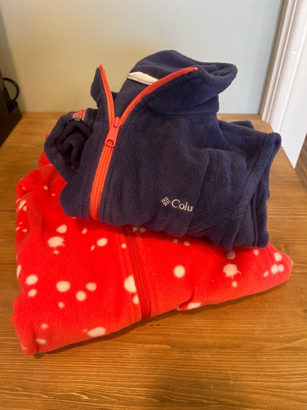 Columbia Navy Fleece Vest with Red Zipper & Red Polka Dot Fleece